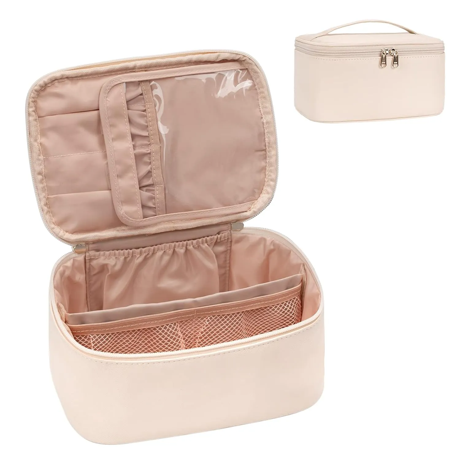 OCHEAL Makeup Bag, Portable Cosmetic Bag, Large Capacity Travel Make up Case Organizer, Makeup Bags For Women Toiletry Bag for Girls Traveling With Handle and Divider- Beige