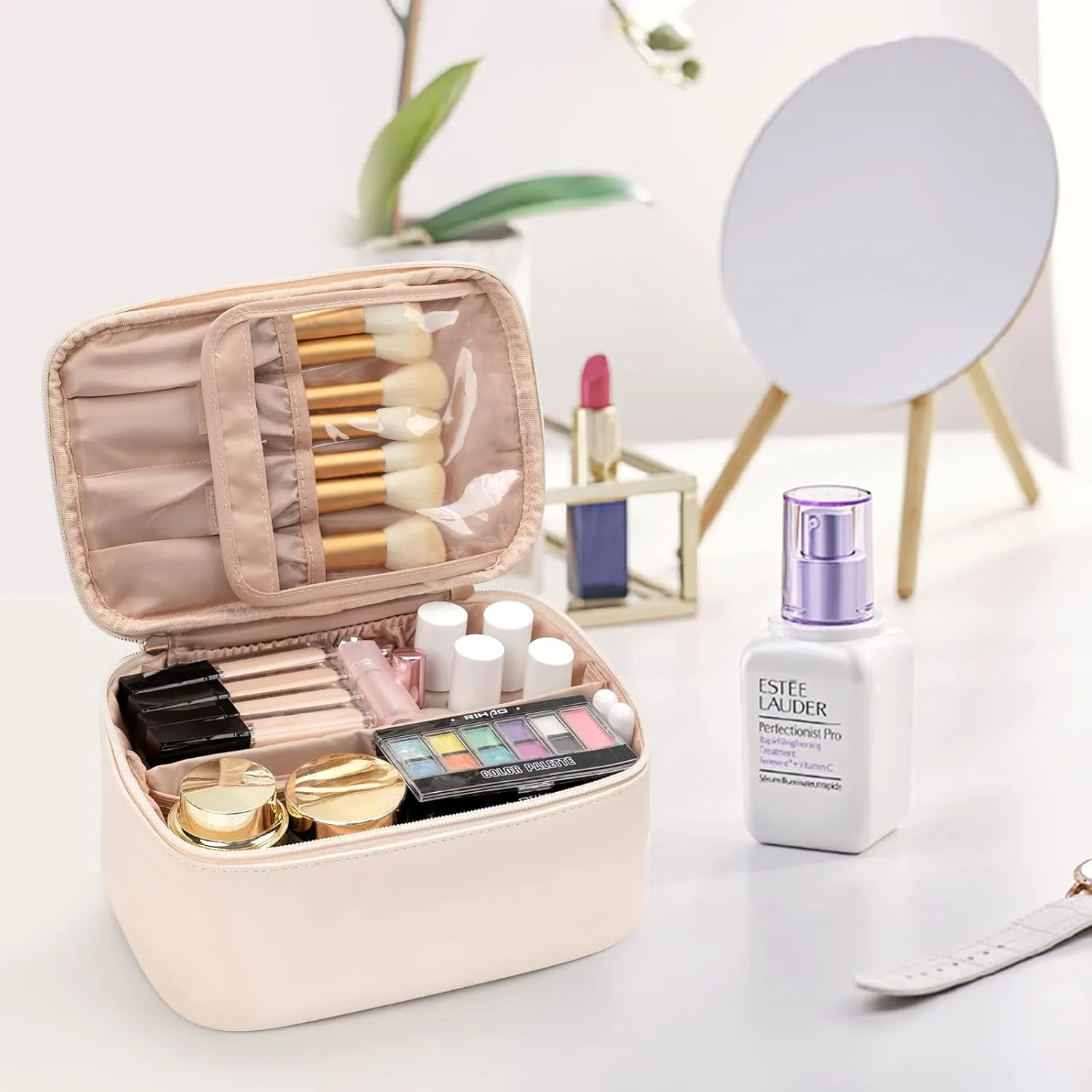 OCHEAL Makeup Bag, Portable Cosmetic Bag, Large Capacity Travel Make up Case Organizer, Makeup Bags For Women Toiletry Bag for Girls Traveling With Handle and Divider- Beige