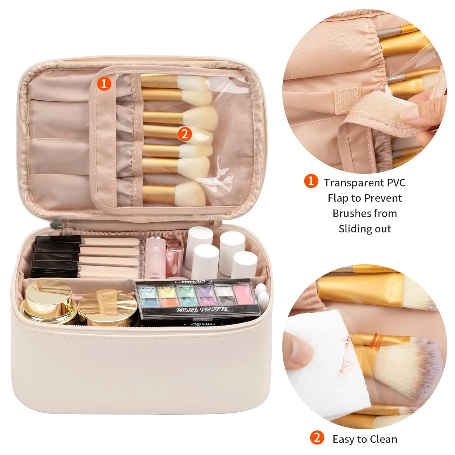 OCHEAL Makeup Bag, Portable Cosmetic Bag, Large Capacity Travel Make up Case Organizer, Makeup Bags For Women Toiletry Bag for Girls Traveling With Handle and Divider- Beige