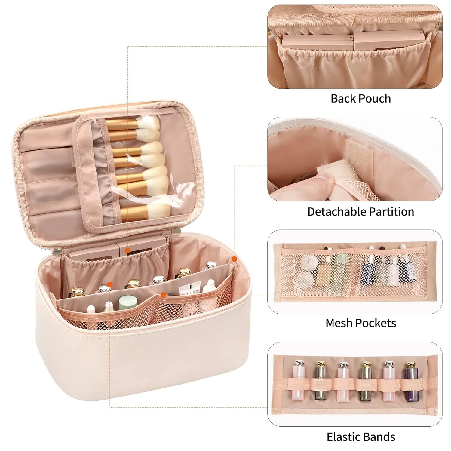 OCHEAL Makeup Bag, Portable Cosmetic Bag, Large Capacity Travel Make up Case Organizer, Makeup Bags For Women Toiletry Bag for Girls Traveling With Handle and Divider- Beige