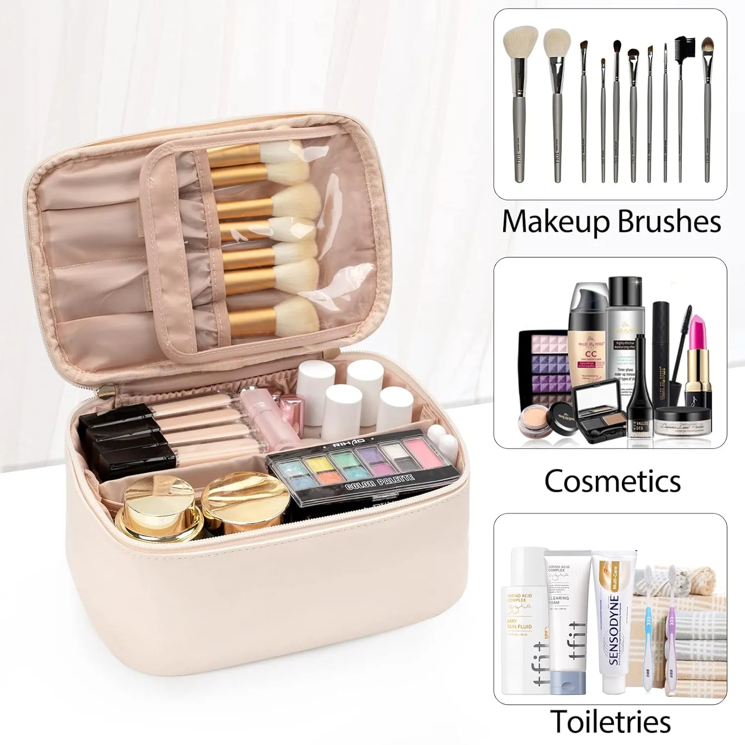OCHEAL Makeup Bag, Portable Cosmetic Bag, Large Capacity Travel Make up Case Organizer, Makeup Bags For Women Toiletry Bag for Girls Traveling With Handle and Divider- Beige
