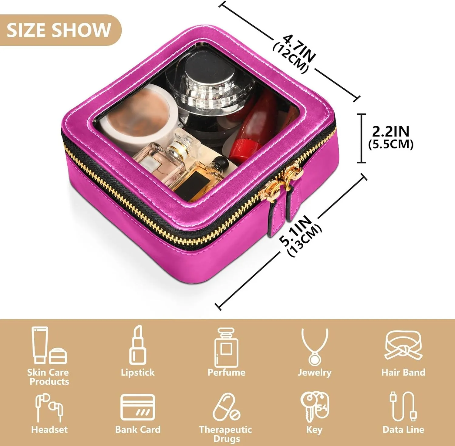 ODAWA Medium Violet Red Clear Makeup Bag Waterproof Travel Cosmetic Bag with Zipper Travel Essentials for Women Girls