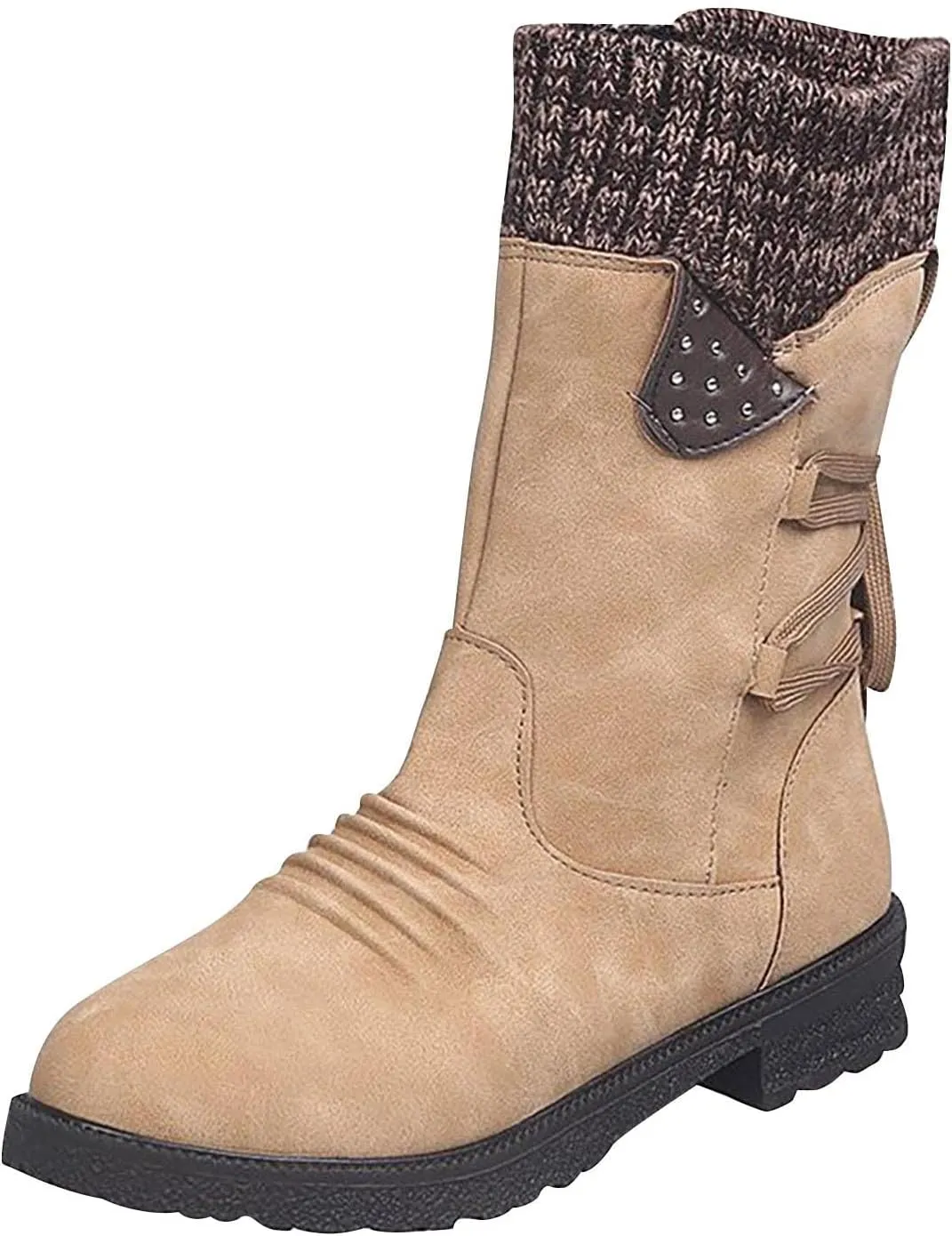oiangi Womens Winter Boots 2022 Fashion Round Toe Lace Up Side Zipper Wool Patchwork Warm Block Low Heel Mid Calf Boots Solid Casual Western Boots Shoes