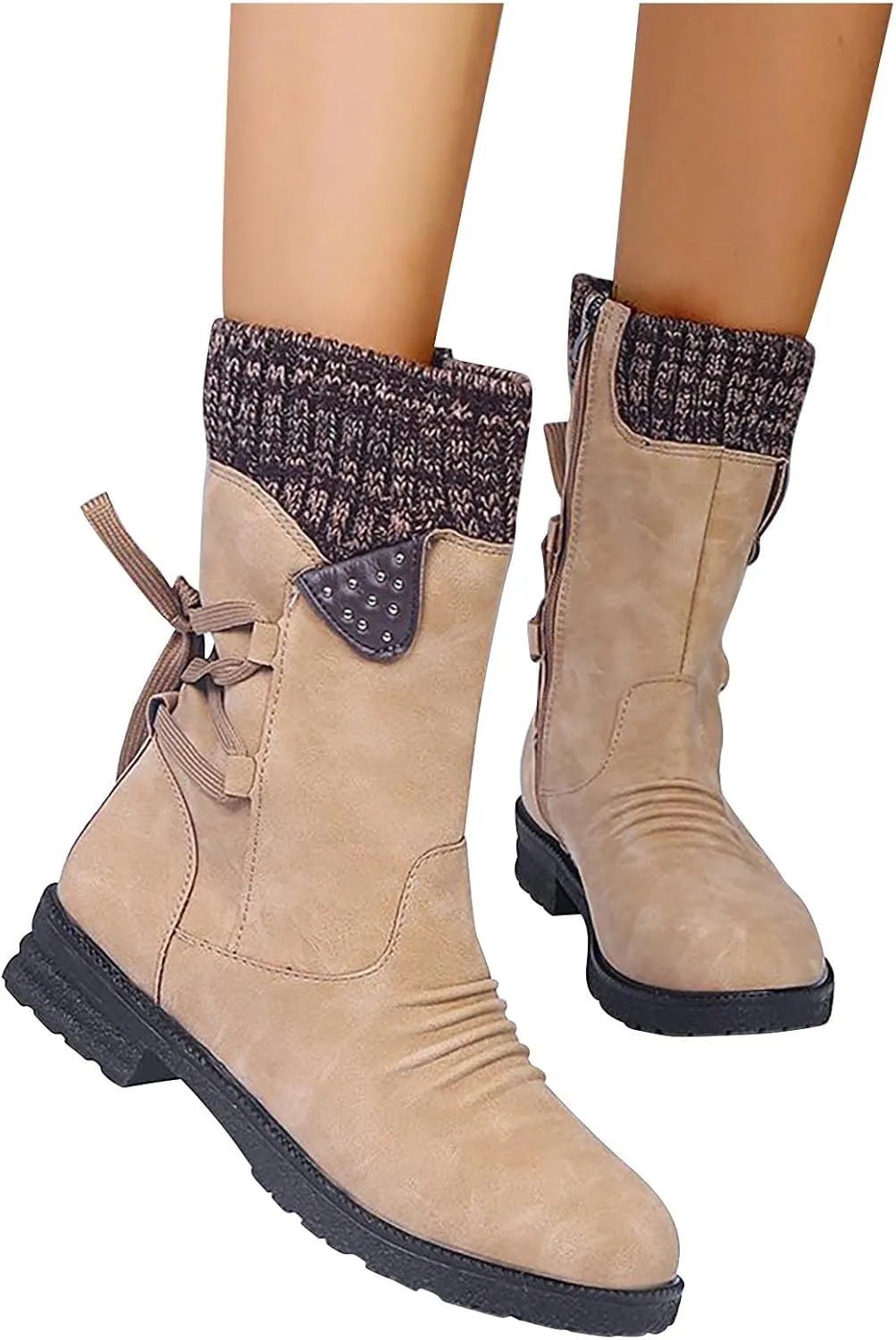 oiangi Womens Winter Boots 2022 Fashion Round Toe Lace Up Side Zipper Wool Patchwork Warm Block Low Heel Mid Calf Boots Solid Casual Western Boots Shoes