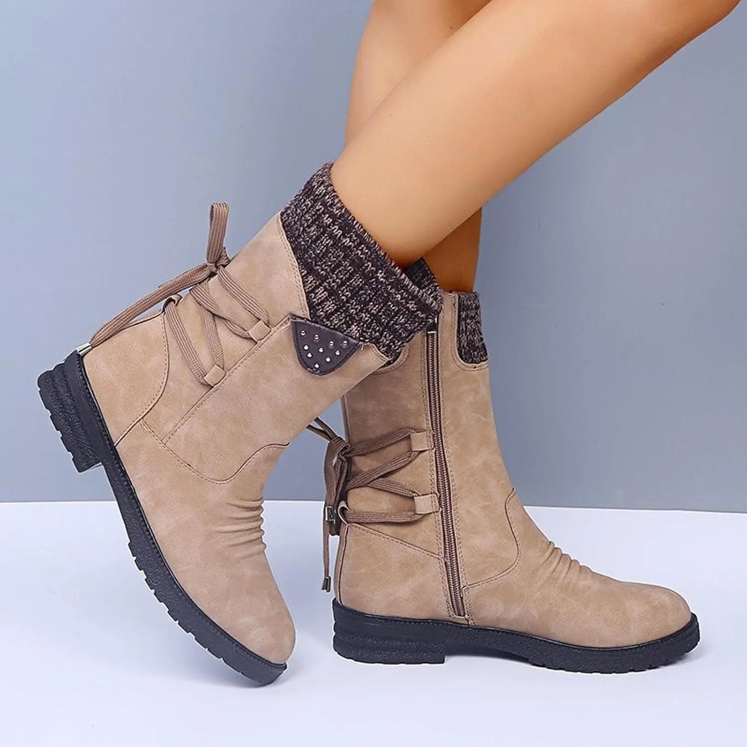 oiangi Womens Winter Boots 2022 Fashion Round Toe Lace Up Side Zipper Wool Patchwork Warm Block Low Heel Mid Calf Boots Solid Casual Western Boots Shoes