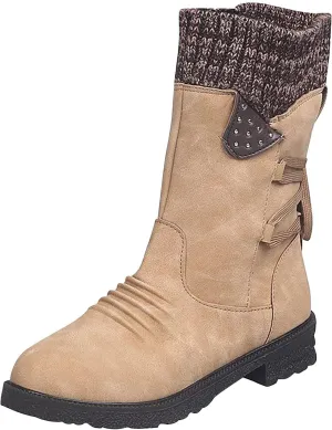 oiangi Womens Winter Boots 2022 Fashion Round Toe Lace Up Side Zipper Wool Patchwork Warm Block Low Heel Mid Calf Boots Solid Casual Western Boots Shoes