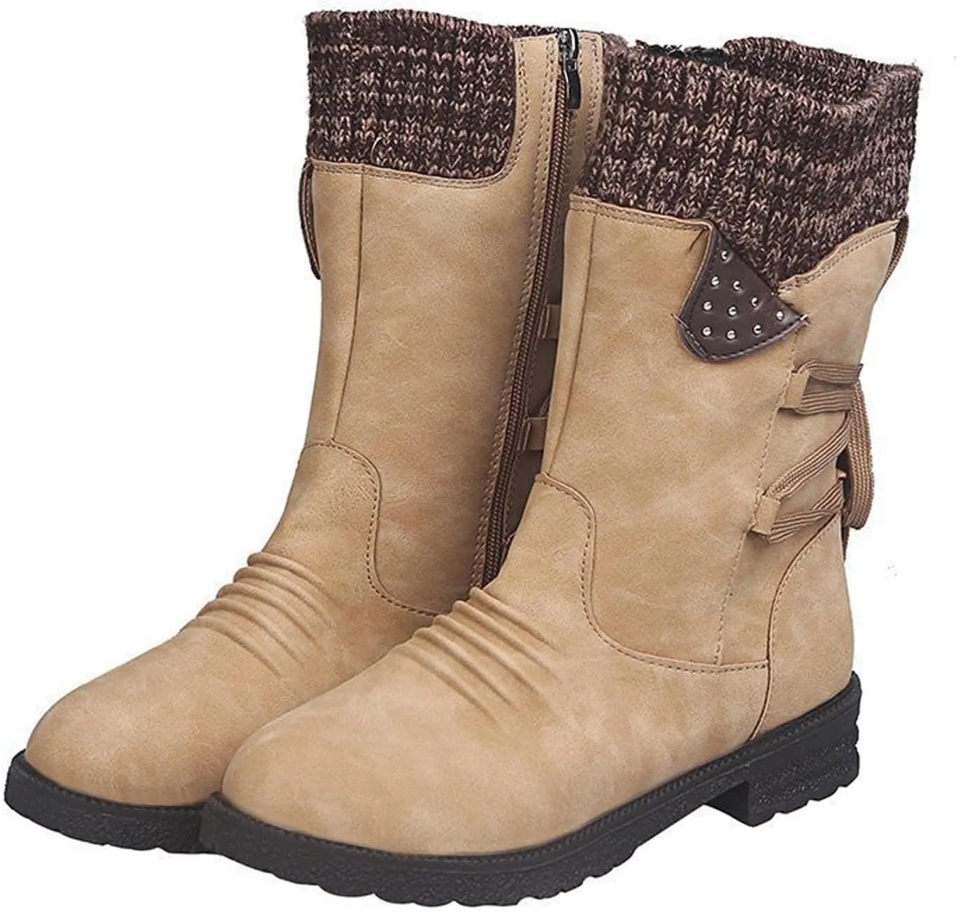 oiangi Womens Winter Boots 2022 Fashion Round Toe Lace Up Side Zipper Wool Patchwork Warm Block Low Heel Mid Calf Boots Solid Casual Western Boots Shoes