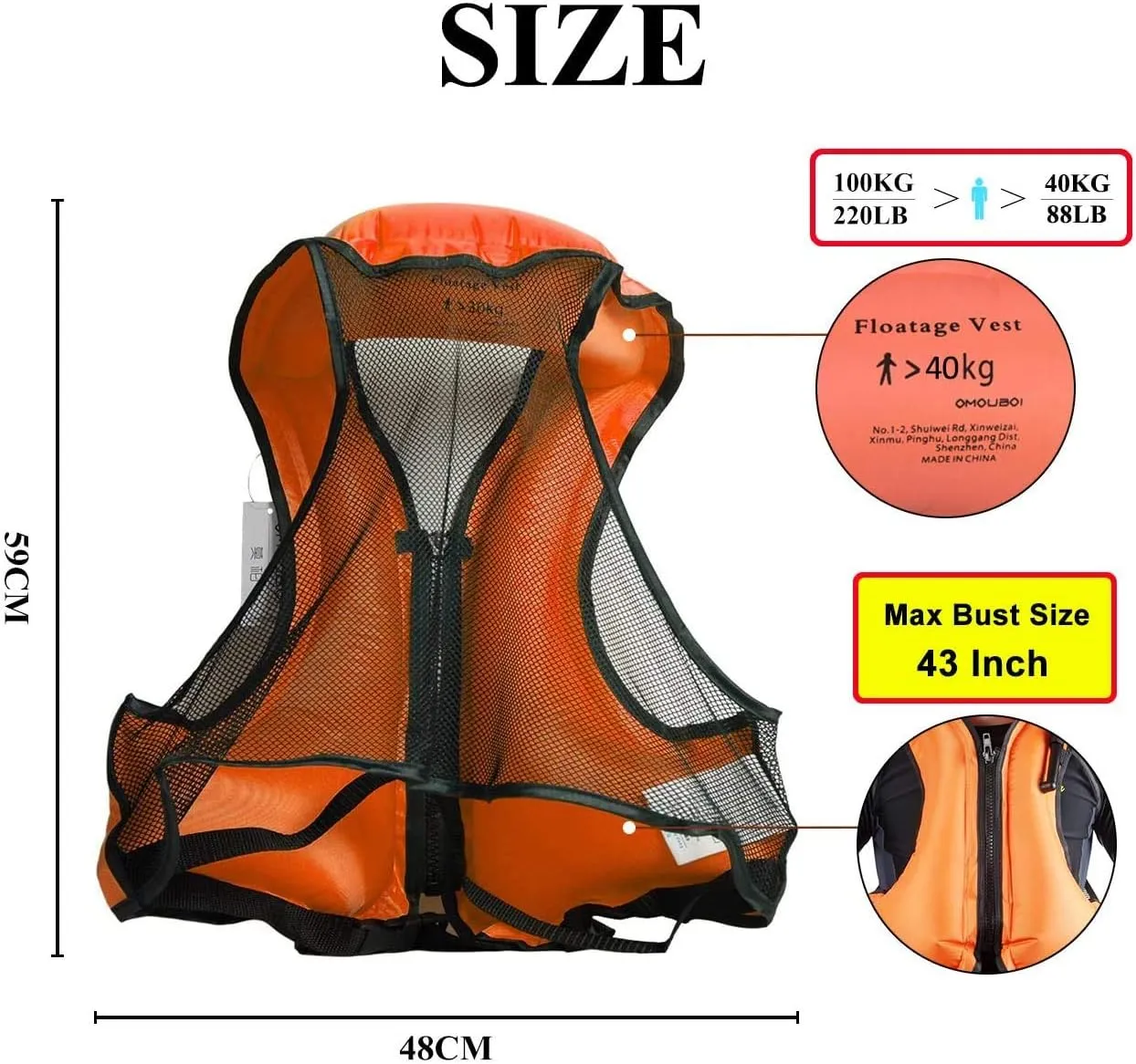 OMOUBOI Inflatable Snorkel Vest Kayak Swim Vest for Adults Snorkel Vests Inflatable Buoyancy Jacket Portable Diving Jackets Swimming Vests for Snorkeling Water Sports Beginner Adults-Only (96-220 lbs)
