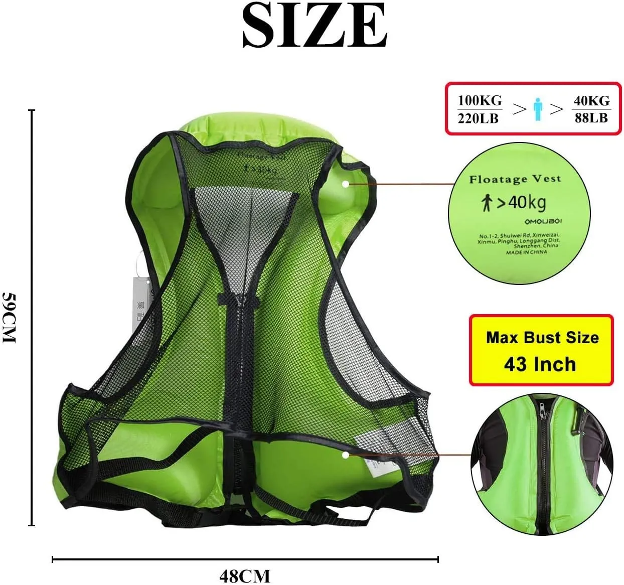 OMOUBOI Inflatable Snorkel Vest Kayak Swim Vest for Adults Snorkel Vests Inflatable Buoyancy Jacket Portable Diving Jackets Swimming Vests for Snorkeling Water Sports Beginner Adults-Only (96-220 lbs)