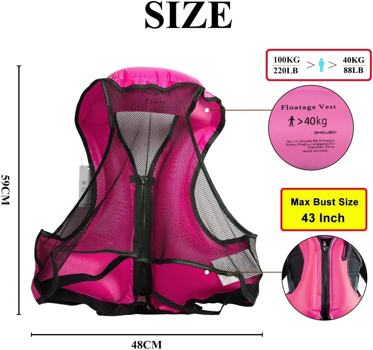 OMOUBOI Inflatable Snorkel Vest Kayak Swim Vest for Adults Snorkel Vests Inflatable Buoyancy Jacket Portable Diving Jackets Swimming Vests for Snorkeling Water Sports Beginner Adults-Only (96-220 lbs)