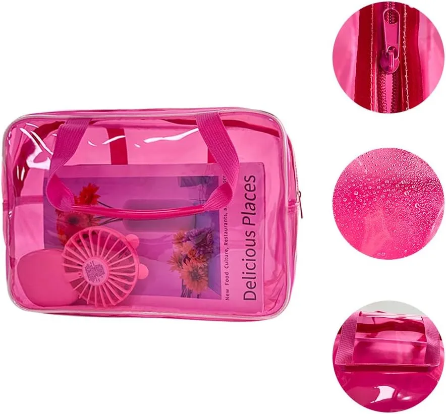 ONEART Travel Clear Waterproof PVC Bag, Toiletry Carry Pouch Makeup Artist Bag, Makeup Bags with Zipper Handle Straps, Tote Bag Pink