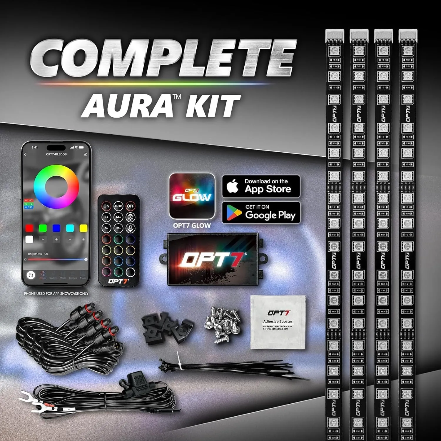 OPT7 Aura Pro 4pc LED Grille Lights with App Control, 24" RGB LED Strips, Waterproof Front Grill Valence, Music Sync, Multi-Color Exterior Lighting Kit, Universal for Cars Trucks SUV Tacoma 4Runner