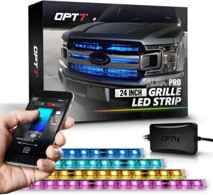 OPT7 Aura Pro 4pc LED Grille Lights with App Control, 24" RGB LED Strips, Waterproof Front Grill Valence, Music Sync, Multi-Color Exterior Lighting Kit, Universal for Cars Trucks SUV Tacoma 4Runner