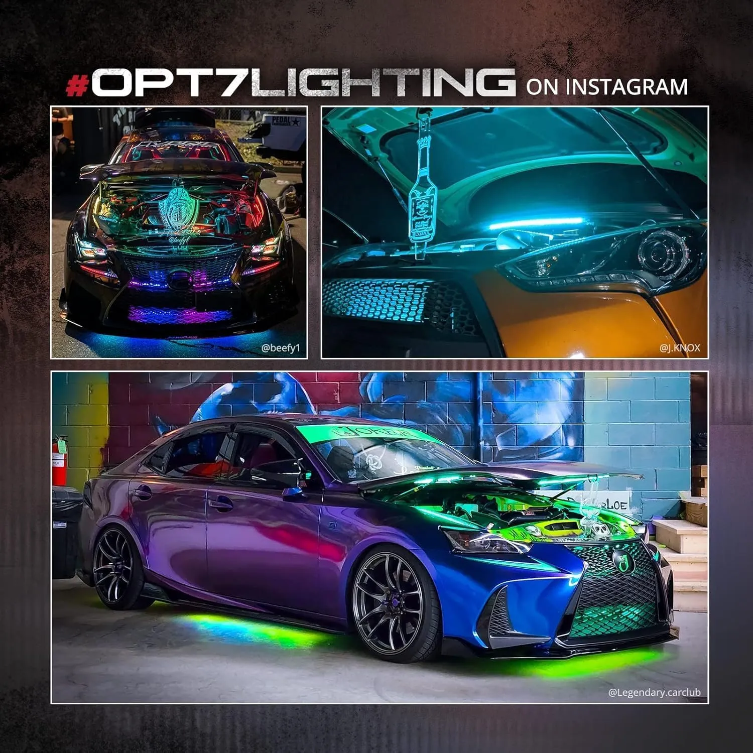 OPT7 Aura Pro Engine Bay Lights with App & Remote Control, 4PCS 12” Waterproof Car Hood LED Light Strip, Exterior Neon Accent Lighting Kit, RGB Multicolor Music Sync Accessories for Cars Vans SUVs