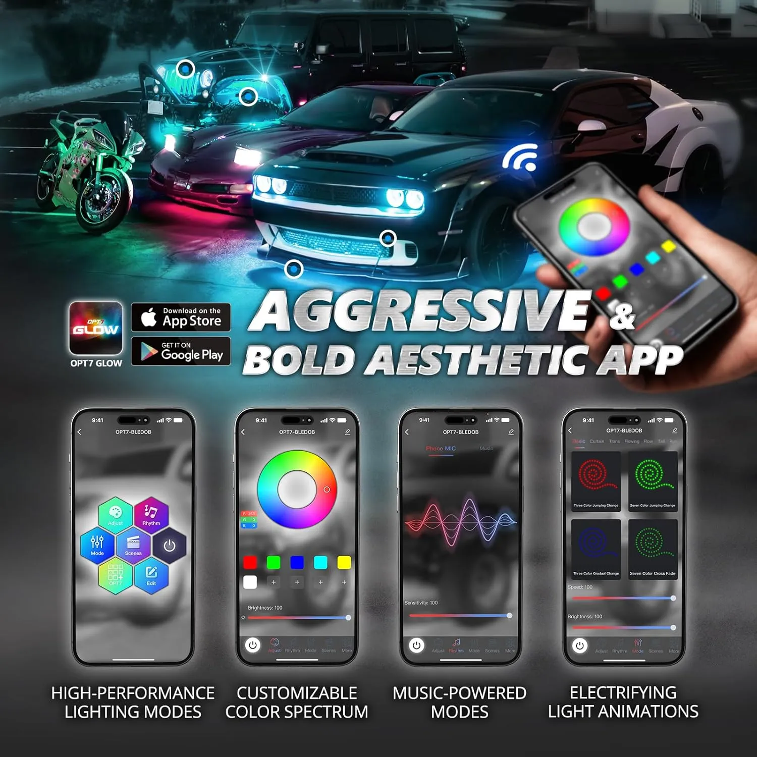 OPT7 Aura Pro Engine Bay Lights with App & Remote Control, 4PCS 12” Waterproof Car Hood LED Light Strip, Exterior Neon Accent Lighting Kit, RGB Multicolor Music Sync Accessories for Cars Vans SUVs
