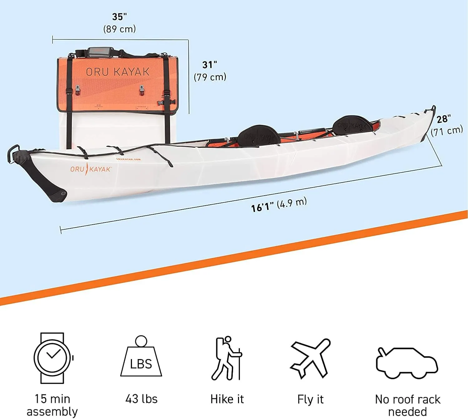 Oru Kayak Foldable Kayak Haven TT | for 1 or 2 People - Stable, Durable, Lightweight - Lake and River Kayaks - Beginner, Intermediate - Size (Unfolded)