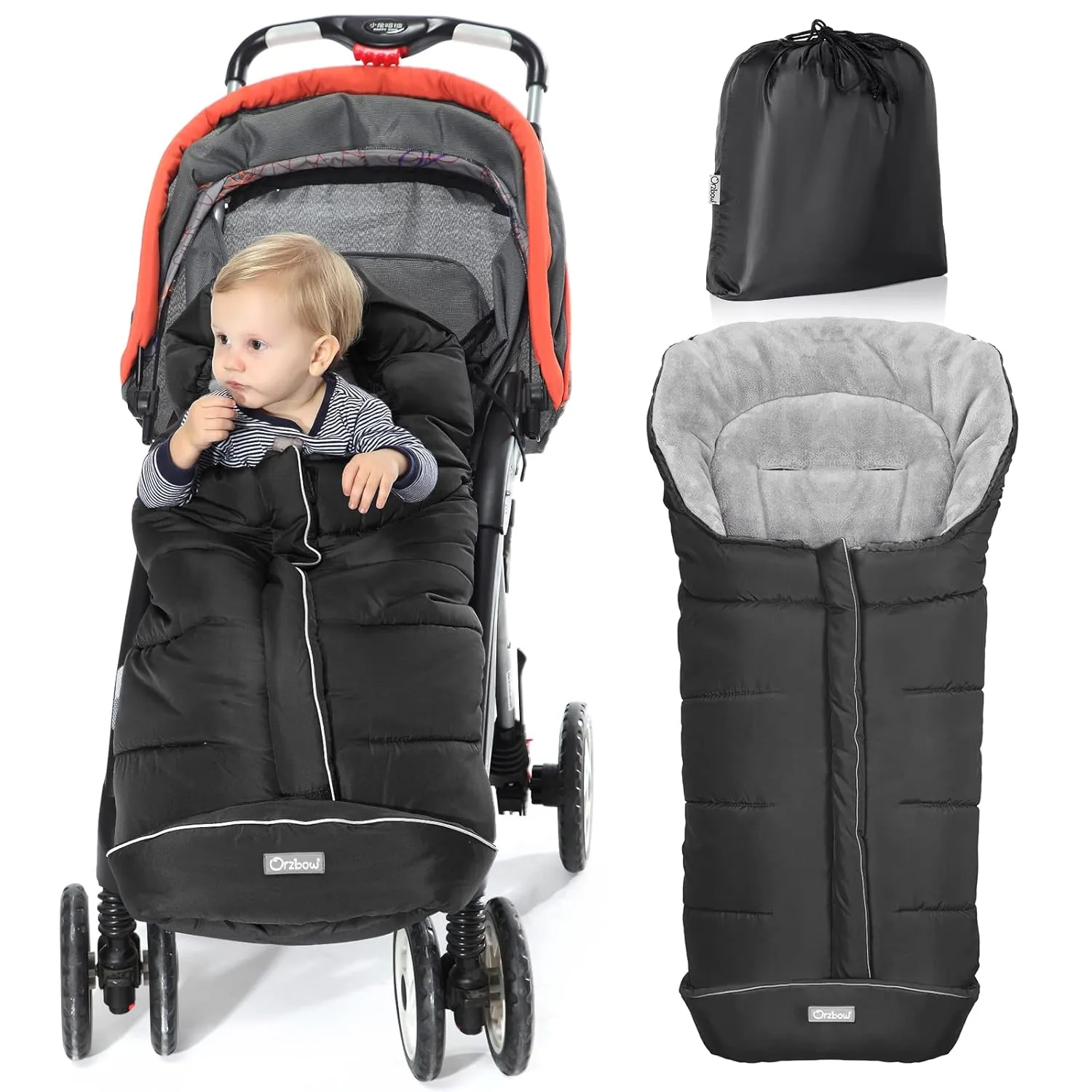 Orzbow Warm Bunting Bag Universal,Stroller Sleeping Bag Cold Weather,Waterproof Toddler Footmuff (Black, Large)