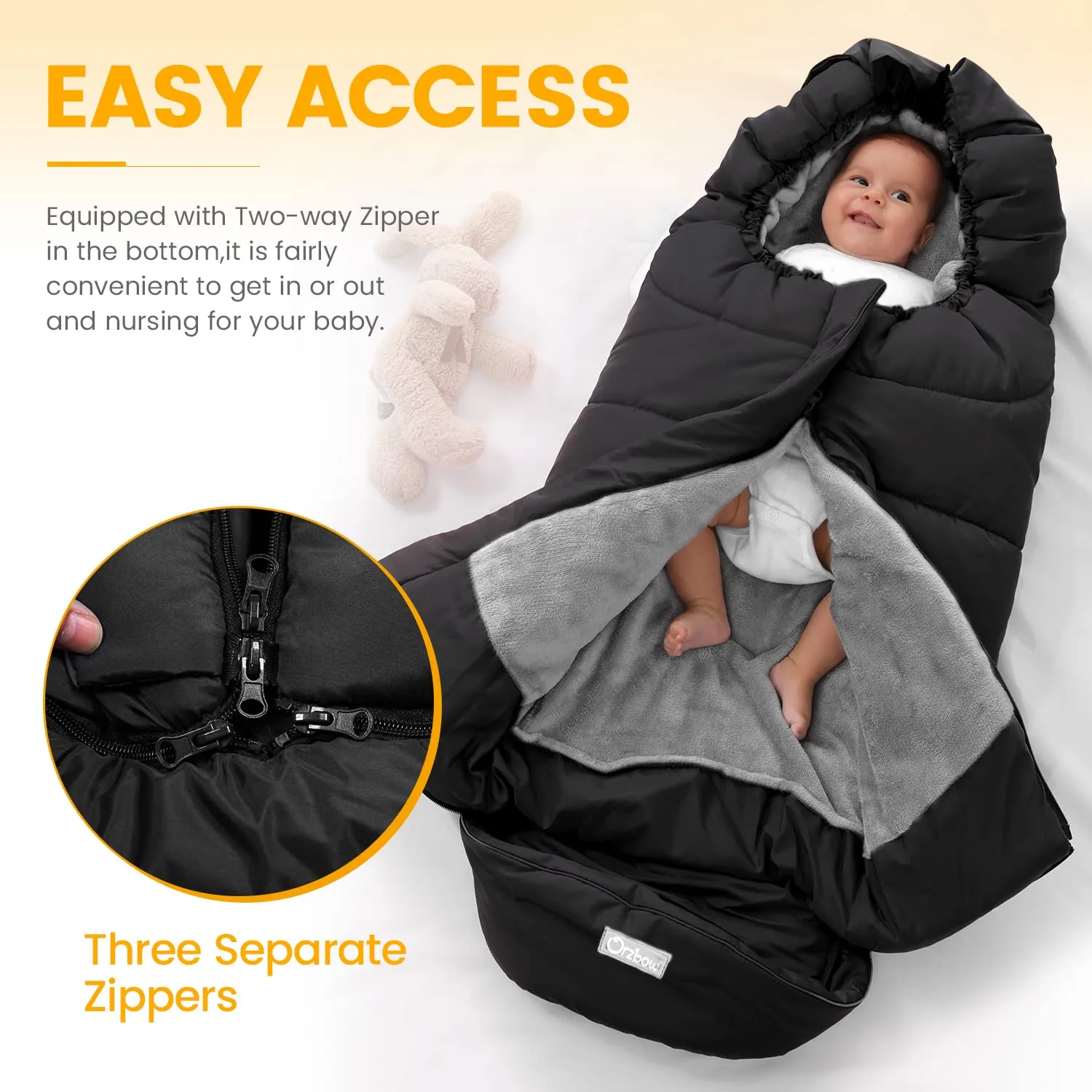 Orzbow Warm Bunting Bag Universal,Stroller Sleeping Bag Cold Weather,Waterproof Toddler Footmuff (Black, Large)