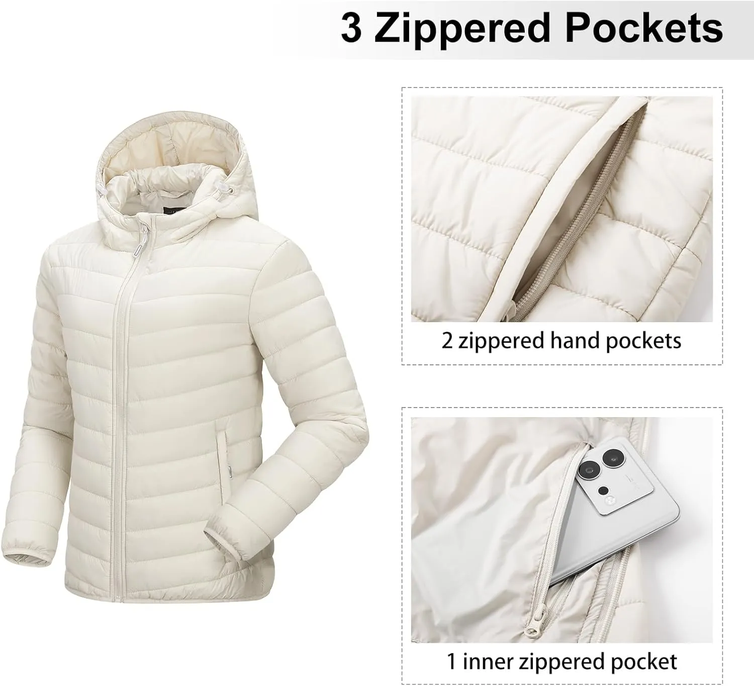 Outdoor Ventures Women's Packable Lightweight Full-Zip Puffer Jacket with Hood Quilted Winter Coat