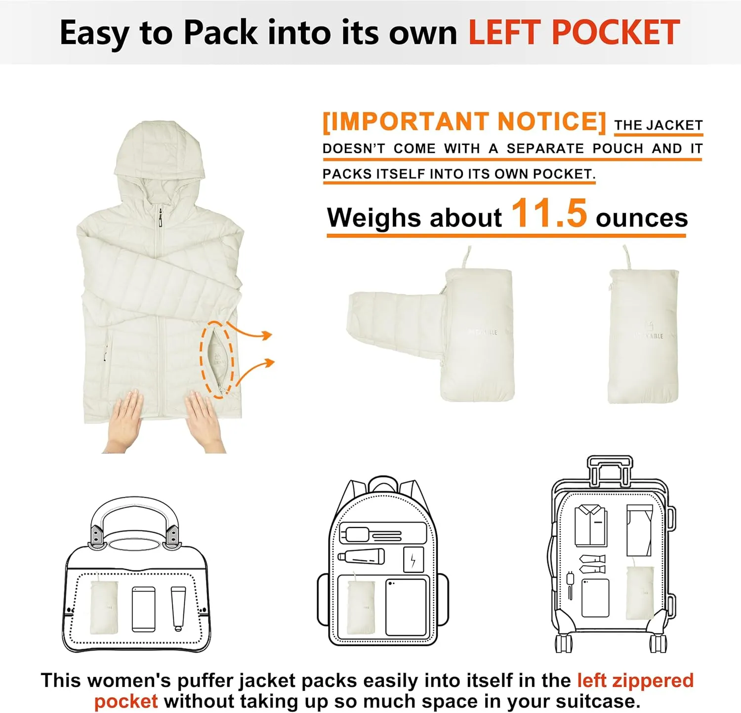 Outdoor Ventures Women's Packable Lightweight Full-Zip Puffer Jacket with Hood Quilted Winter Coat