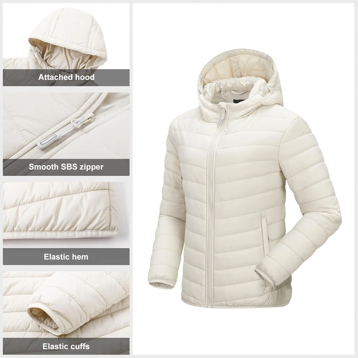 Outdoor Ventures Women's Packable Lightweight Full-Zip Puffer Jacket with Hood Quilted Winter Coat