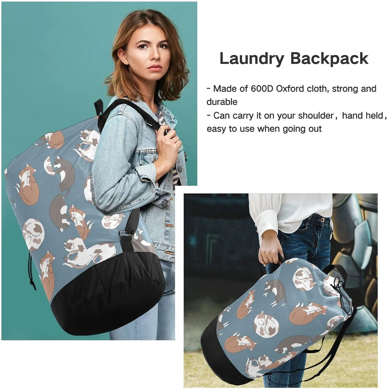 Oyihfvs Sleeping Cats in Sleeping Poses on Blue Backpack Laundry Bag, Laundry Backpack with Shoulder Straps, Waterproof Nylon Clothes Hamper Bag for Men Women Yoga Backpack