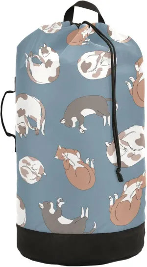 Oyihfvs Sleeping Cats in Sleeping Poses on Blue Backpack Laundry Bag, Laundry Backpack with Shoulder Straps, Waterproof Nylon Clothes Hamper Bag for Men Women Yoga Backpack