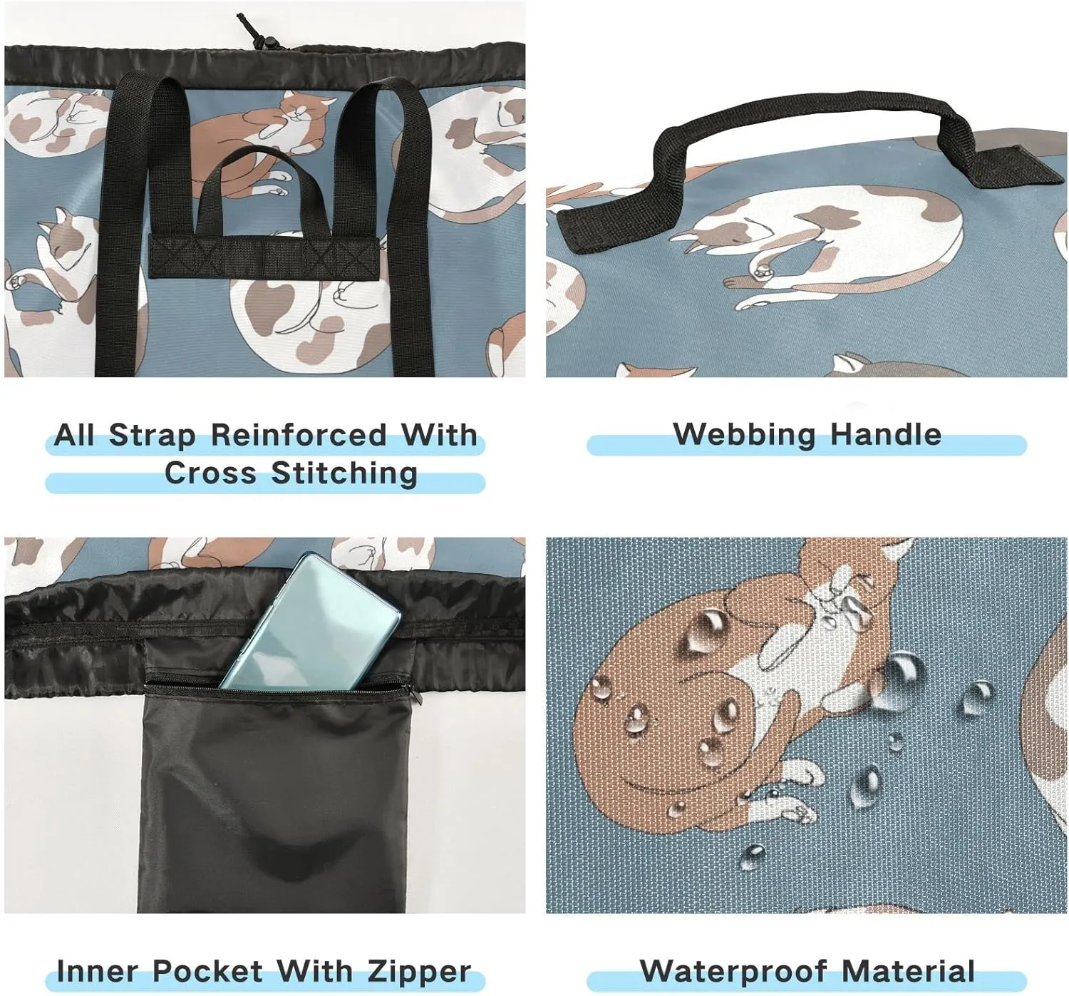 Oyihfvs Sleeping Cats in Sleeping Poses on Blue Backpack Laundry Bag, Laundry Backpack with Shoulder Straps, Waterproof Nylon Clothes Hamper Bag for Men Women Yoga Backpack