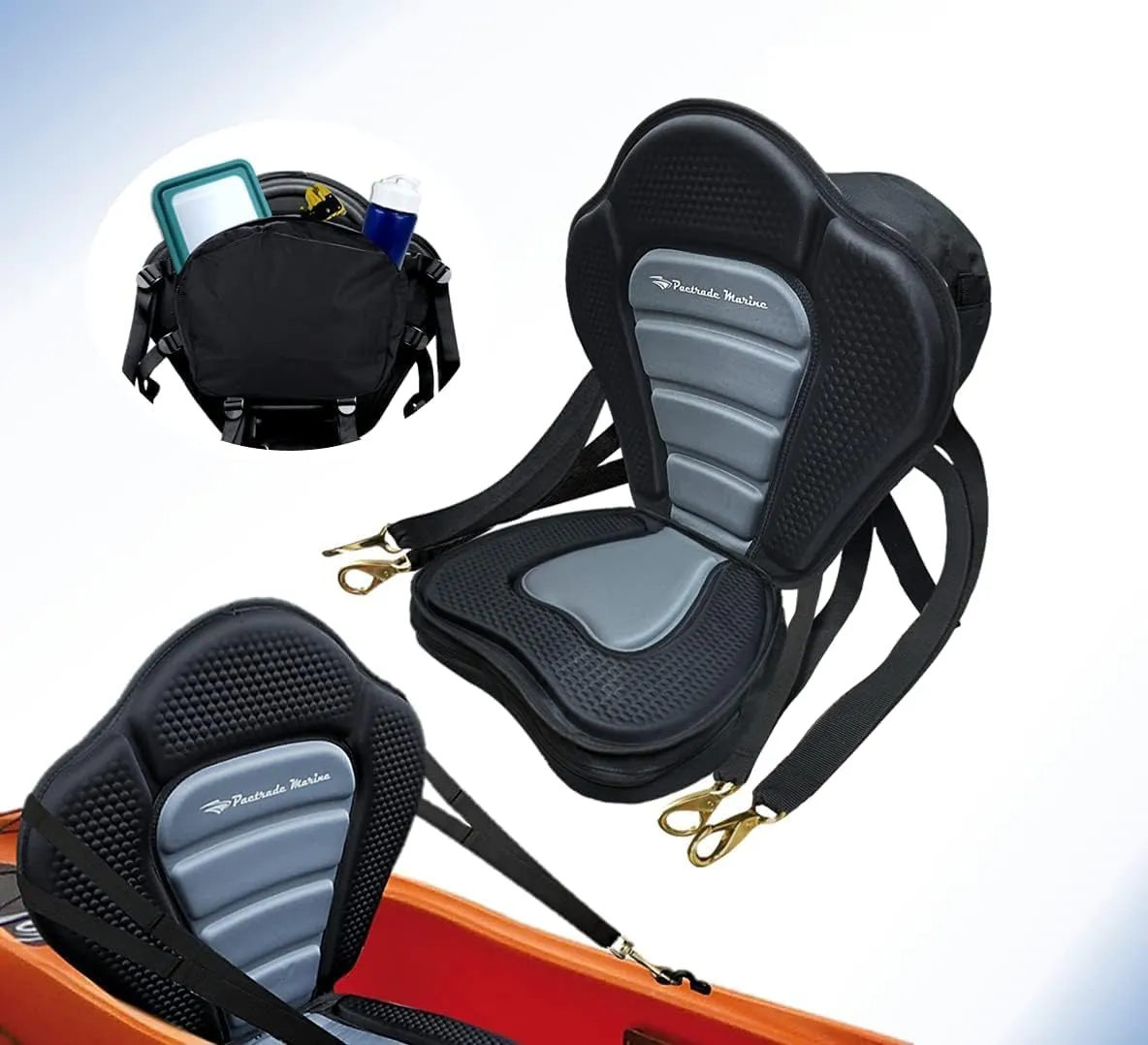 Pactrade Marine Adjustable Straps Black Gray Padded Deluxe Kayak Seat Detachable Storage Back Backpack Bag Canoe Backrest Support Cushion Sit On Top Fishing Brass Clips Canoeing Kayaking Rafting (1)