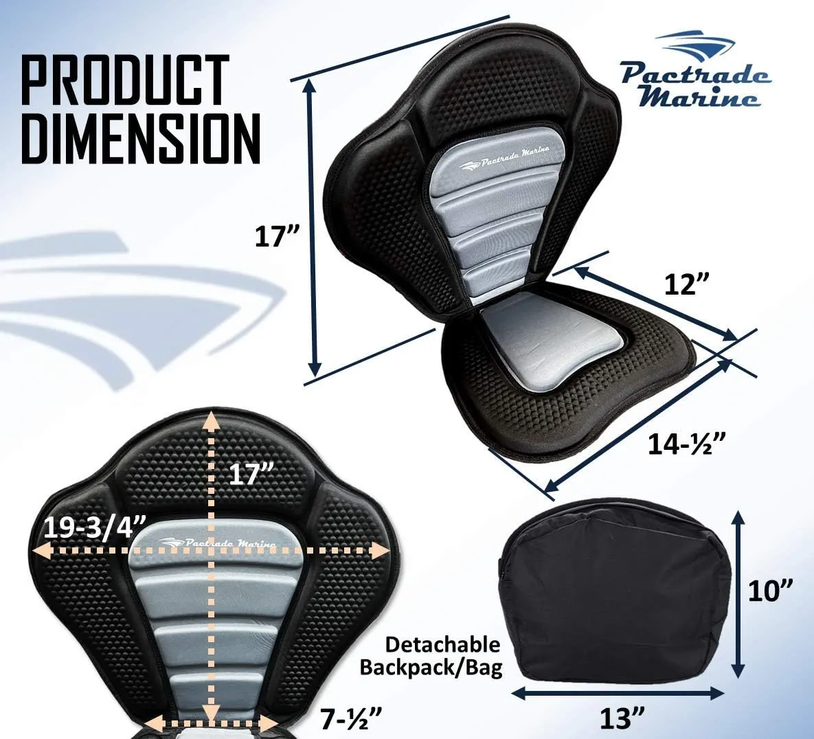 Pactrade Marine Adjustable Straps Black Gray Padded Deluxe Kayak Seat Detachable Storage Back Backpack Bag Canoe Backrest Support Cushion Sit On Top Fishing Brass Clips Canoeing Kayaking Rafting (2)