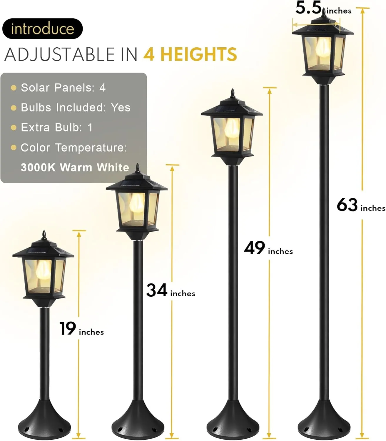 PASAMIC 63" Solar Lamp Post 2Pack, Outdoor Lights Waterproof, Pole Lights Outdoor, Floor Lamp for Patio, Warm White, Replaceable Bulb