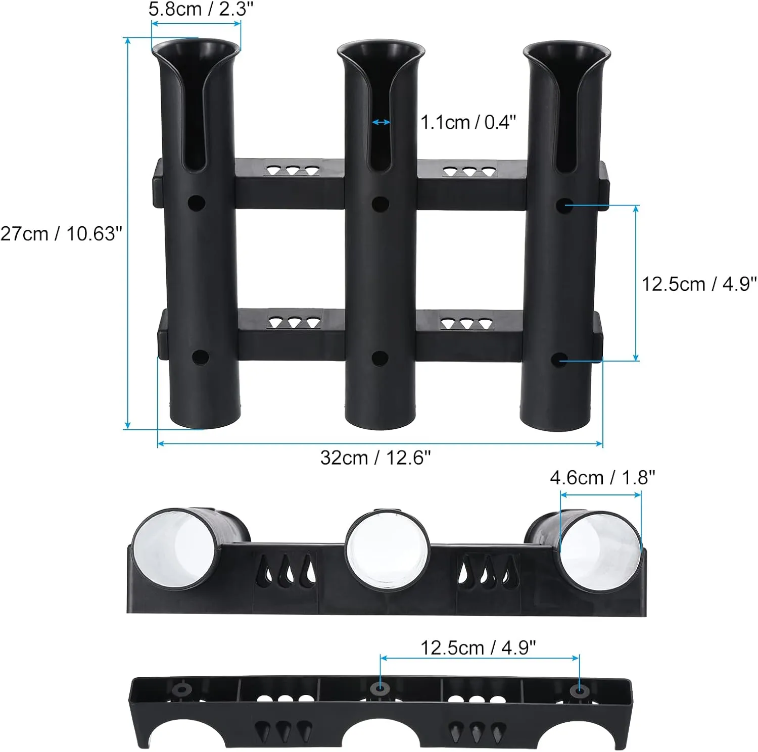 PATIKIL Fishing Rod Holder for Boat Plastic Rod Holder 3-Tube Pole Rack 3 Pack Wall/Side Mounted Fishing Pole Holder with Screws for Kayak, Truck, Black