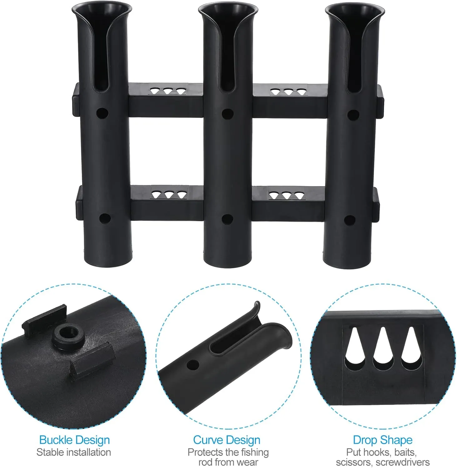 PATIKIL Fishing Rod Holder for Boat Plastic Rod Holder 3-Tube Pole Rack 3 Pack Wall/Side Mounted Fishing Pole Holder with Screws for Kayak, Truck, Black