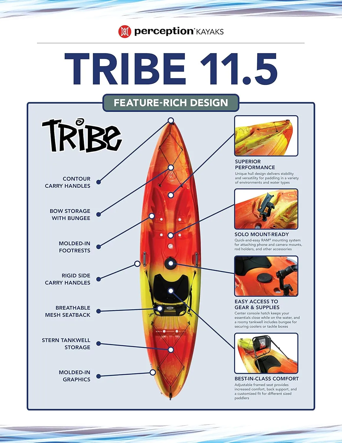 Perception Tribe 11.5 | Sit on Top Kayak for All-Around Fun | Large Rear Storage with Tie Downs | 11' 5"