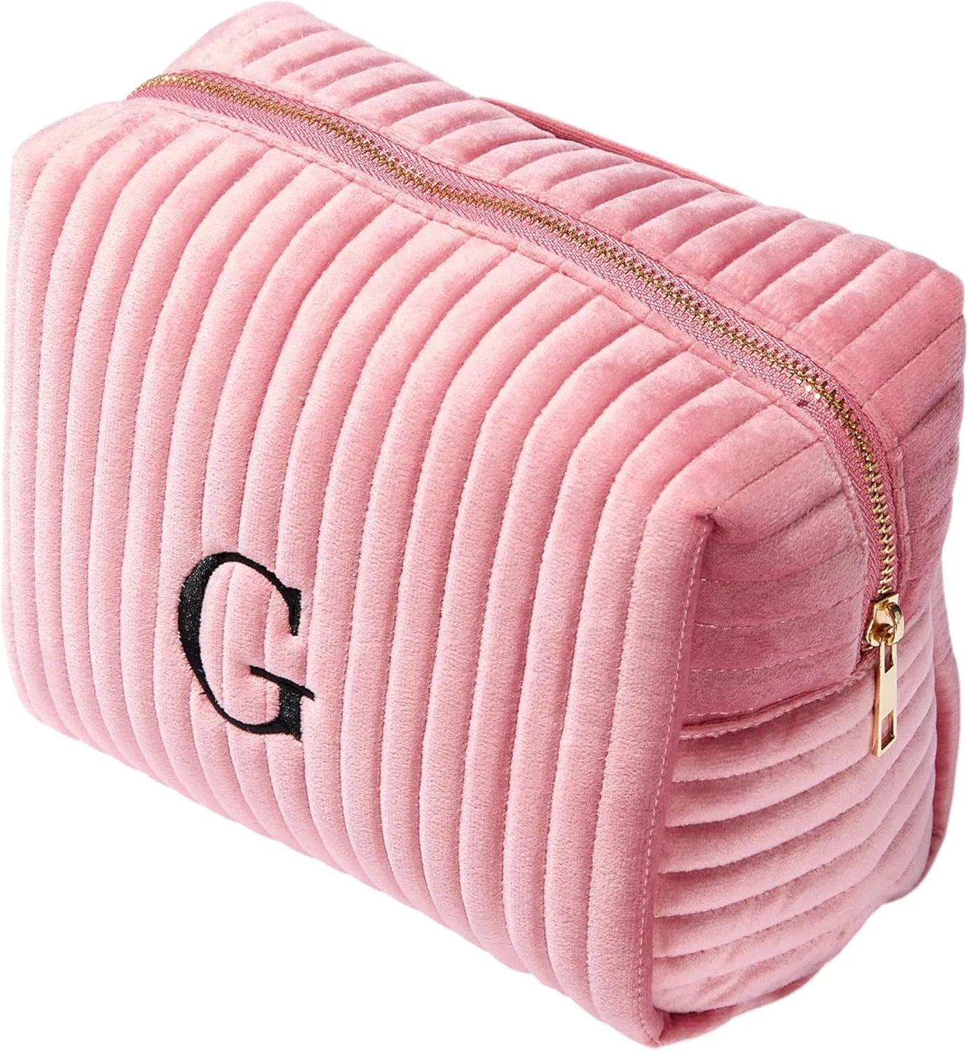 Personalization Universe Initial Embroidered Large Velvet Makeup Bag - Mauve
