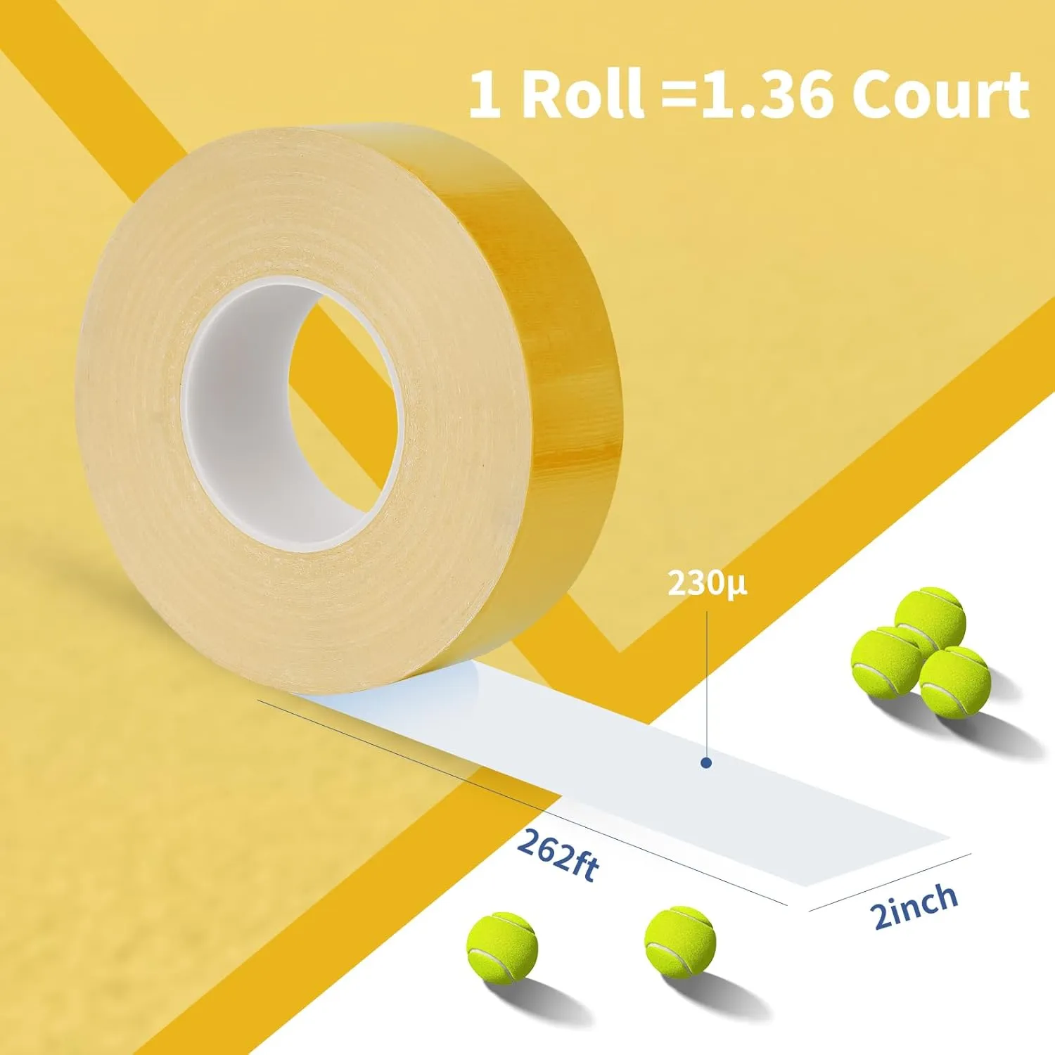 Pickleball Court Tape - 2" x 262 ft, Outdoor Pickleball Marking Kit, Yellow Tape for Temporary Court Lines - No Residue Easy to Apply & Remove - Perfect for Pickleball Court, Gym, Driveway, Backyard