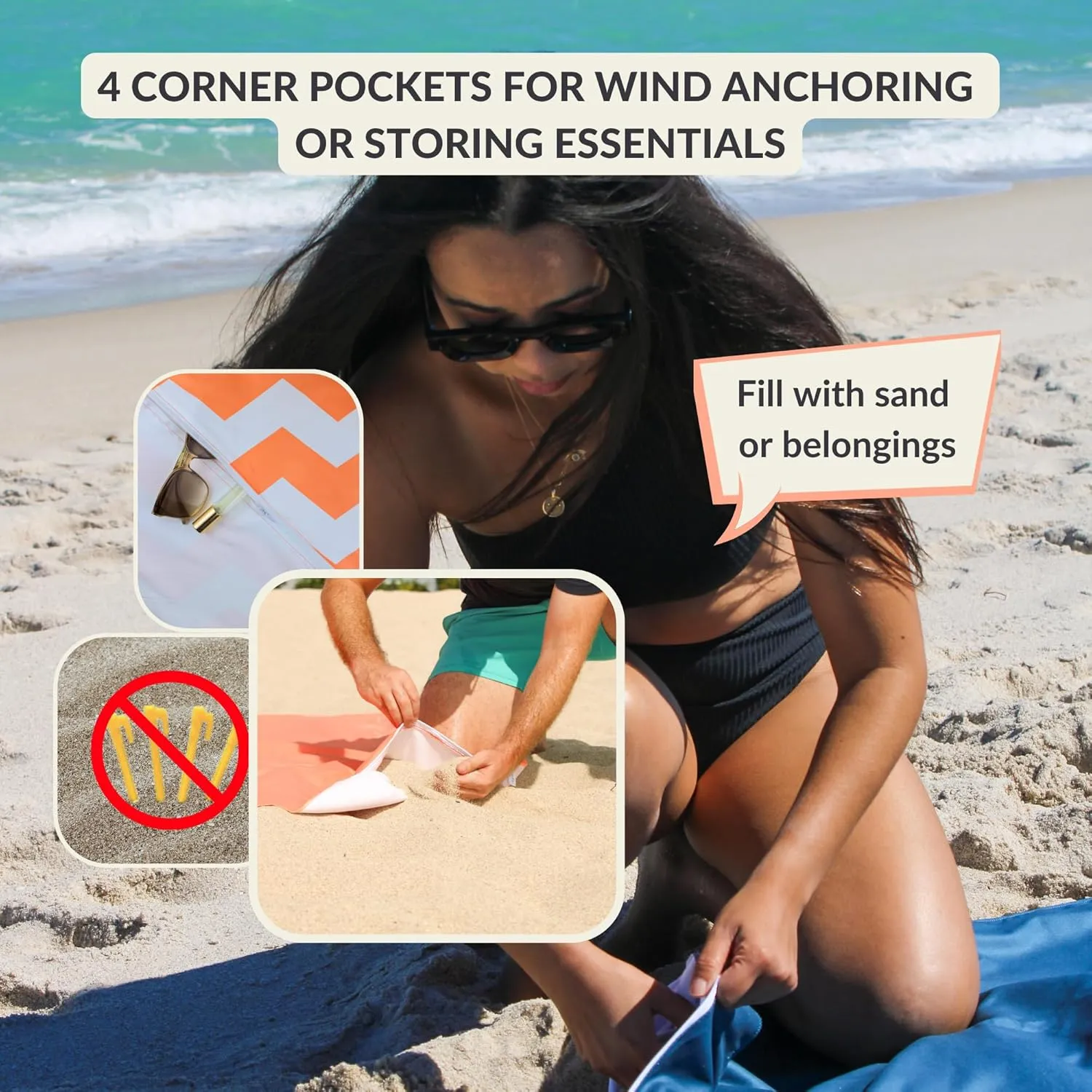 Plush Microfiber Beach Blanket, Extra Large Beach Mat for 3-6 Persons, Sandproof, Windproof | Hole for Umbrella, Corner Sand Pockets to Fight Wind (Bag for Blanket Included)