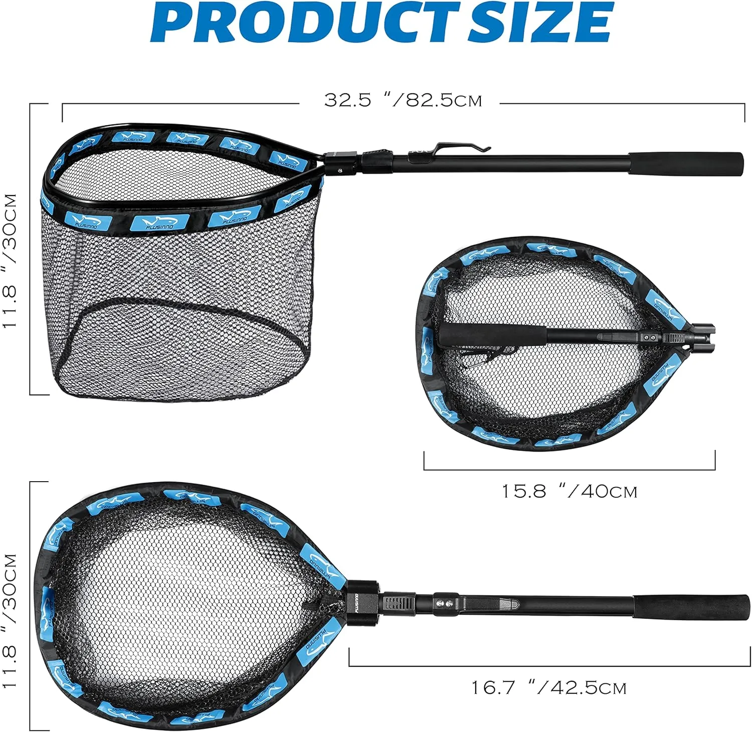 PLUSINNO Floating Fishing Net for Steelhead, Salmon, Fly, Kayak, Bass, Trout Fishing, Catfish, Rubber Coated Landing Net for Easy Catch & Release for Easy Transportation & Storage