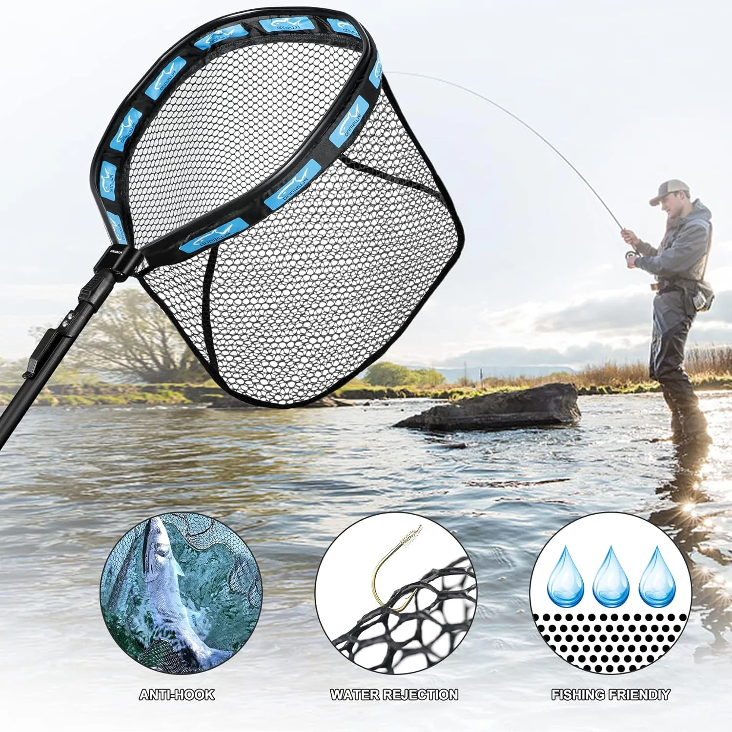 PLUSINNO Floating Fishing Net for Steelhead, Salmon, Fly, Kayak, Bass, Trout Fishing, Catfish, Rubber Coated Landing Net for Easy Catch & Release for Easy Transportation & Storage
