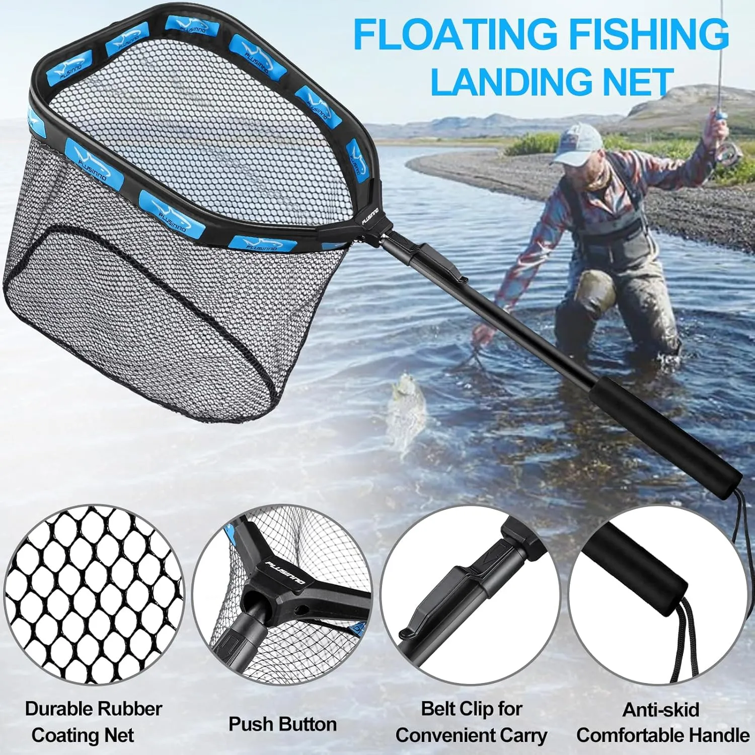 PLUSINNO Floating Fishing Net for Steelhead, Salmon, Fly, Kayak, Catfish, Bass, Trout Fishing, Rubber Coated Landing Net for Easy Catch & Release, Compact & Foldable for Easy Transportation & Storage