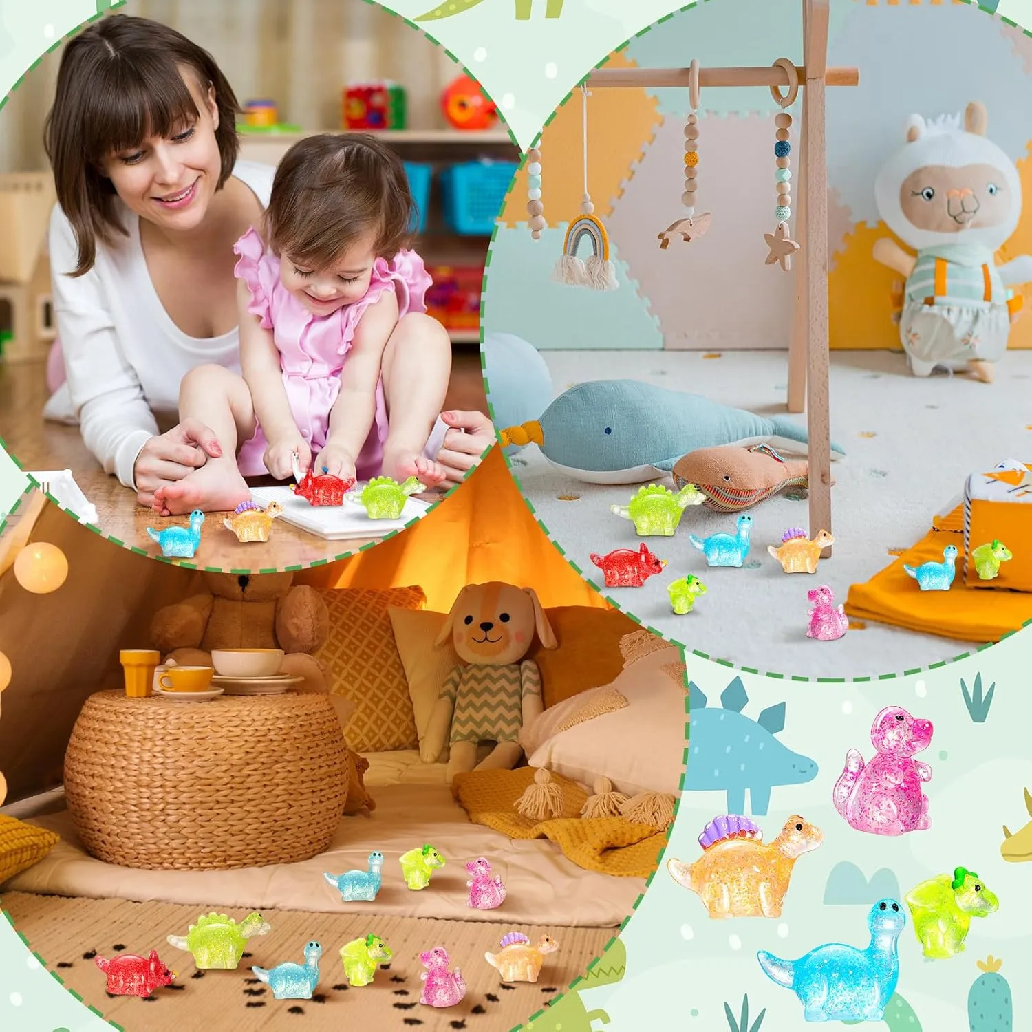 Poen 96 Pcs Glitter Mini Dinosaur Figures Resin Tiny Small Dinosaur Toys Garden Realistic Miniature Figurines for Bag Cake Topper Birthday Party Favors