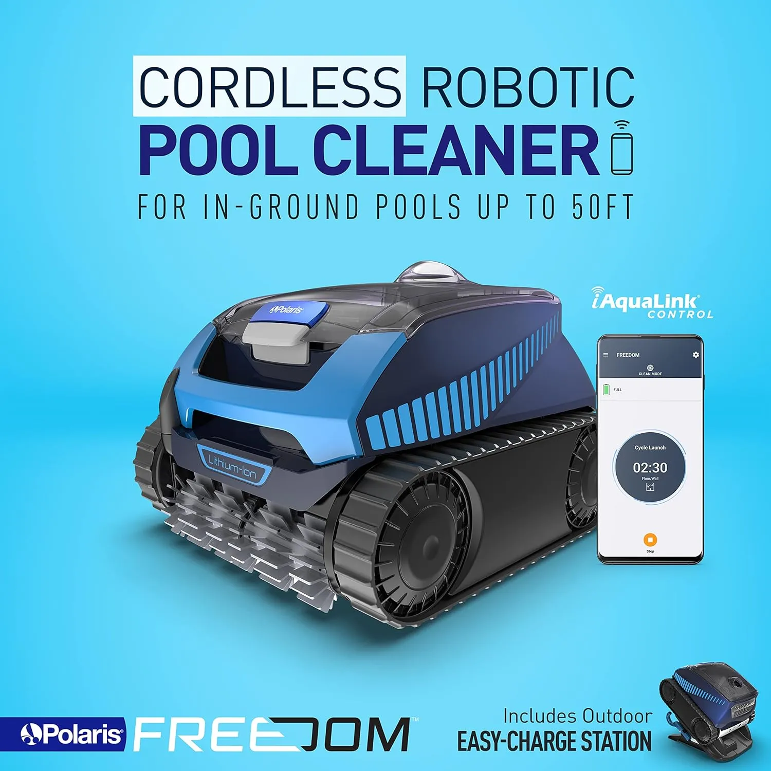Polaris Freedom Cordless Robotic Pool Cleaner, Cable-Free for All In-Ground Pools up to 50ft, Four Cleaning Modes & Intelligent Cleaning Technology