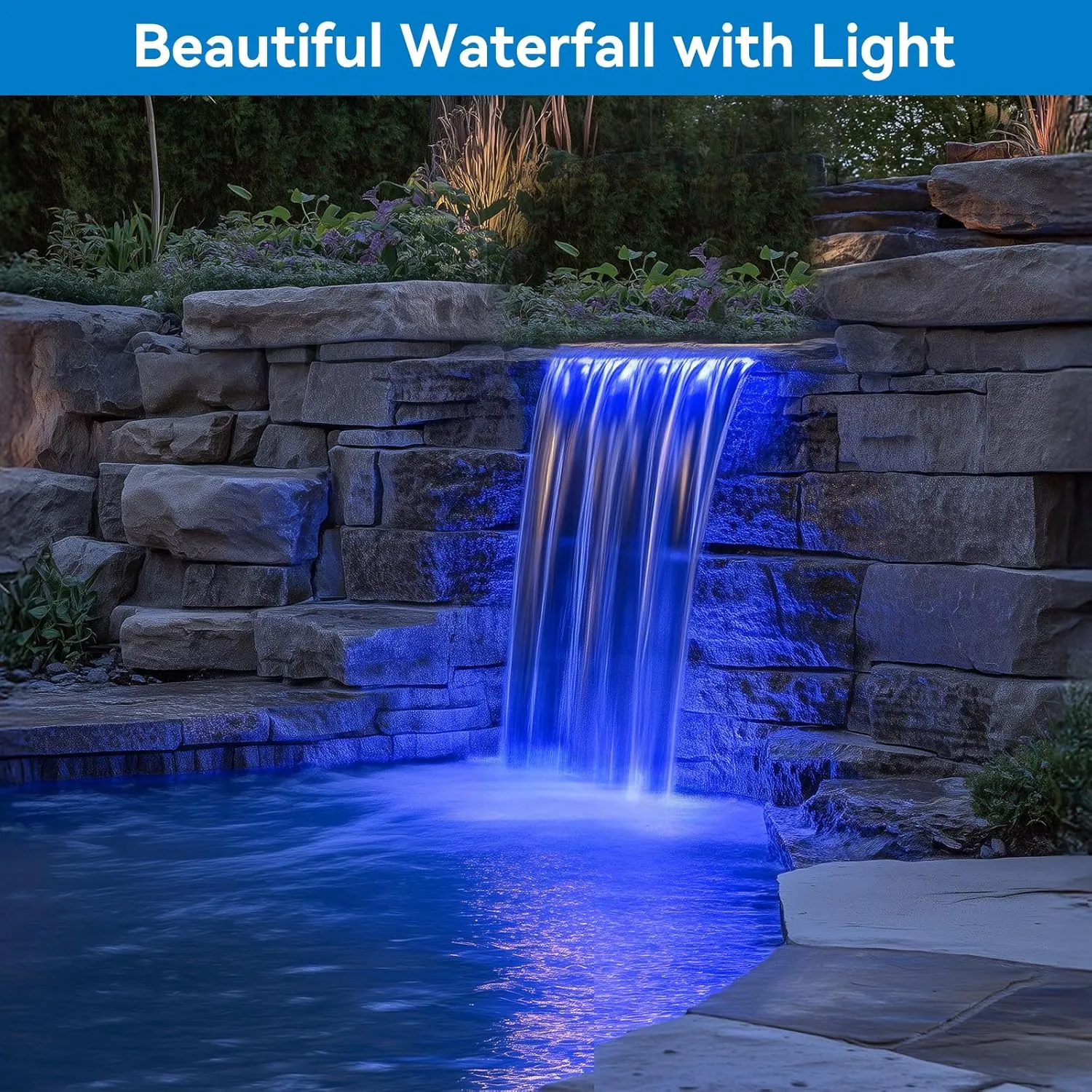 POPOSOAP Pond Waterfall Spillway with Solar LED Lights, 13.4"H Stainless Steel Waterfall Kit with Filtration & 9.8FT Tubing, 660GPH Pond Pump Fountain Kit for Outdoor Garden, Patio, Koi Pool