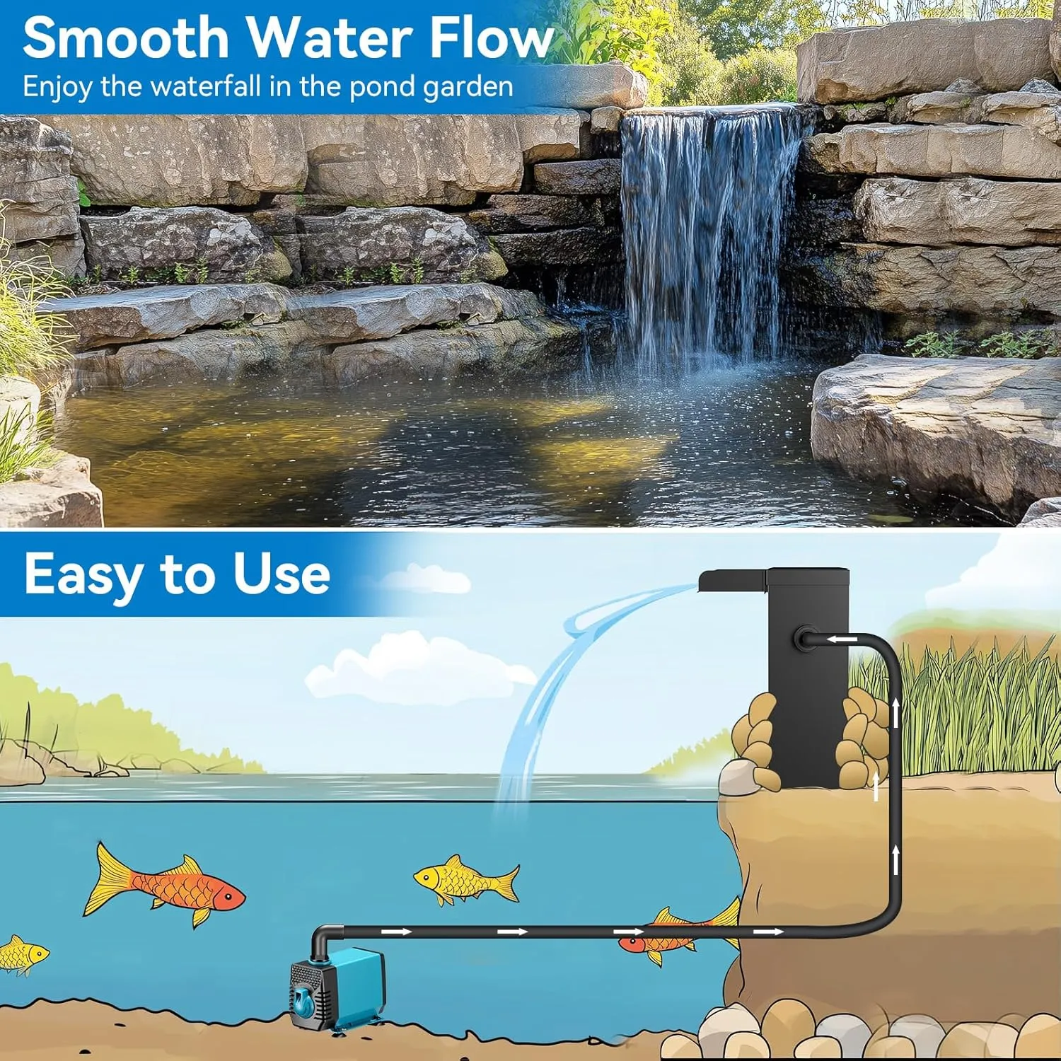 POPOSOAP Pond Waterfall Spillway with Solar LED Lights, 13.4"H Stainless Steel Waterfall Kit with Filtration & 9.8FT Tubing, 660GPH Pond Pump Fountain Kit for Outdoor Garden, Patio, Koi Pool