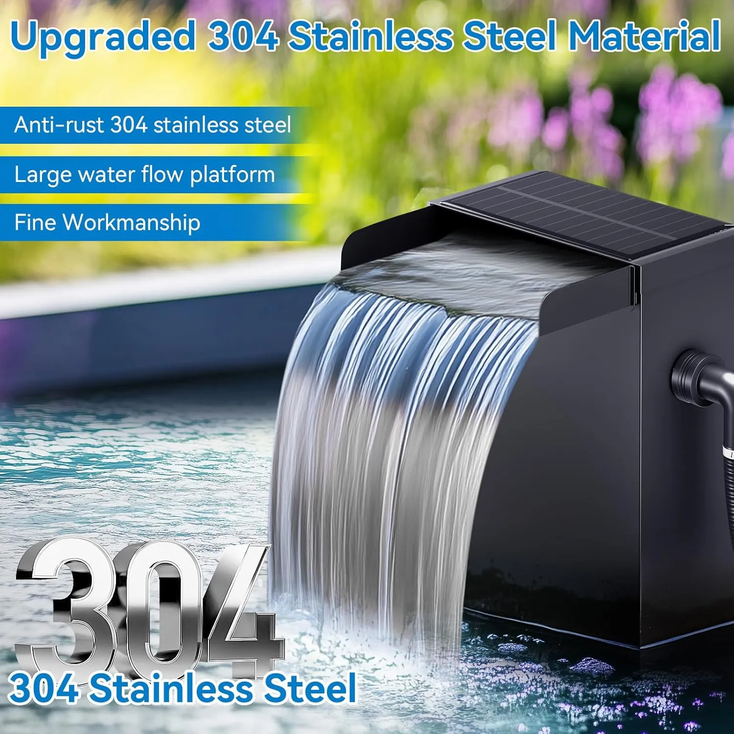 POPOSOAP Pond Waterfall Spillway with Solar LED Lights, 13.4"H Stainless Steel Waterfall Kit with Filtration & 9.8FT Tubing, 660GPH Pond Pump Fountain Kit for Outdoor Garden, Patio, Koi Pool