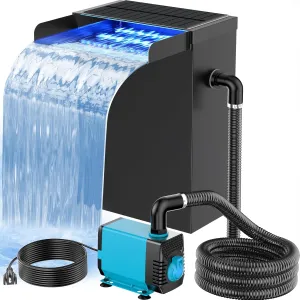 POPOSOAP Pond Waterfall Spillway with Solar LED Lights, 13.4"H Stainless Steel Waterfall Kit with Filtration & 9.8FT Tubing, 660GPH Pond Pump Fountain Kit for Outdoor Garden, Patio, Koi Pool