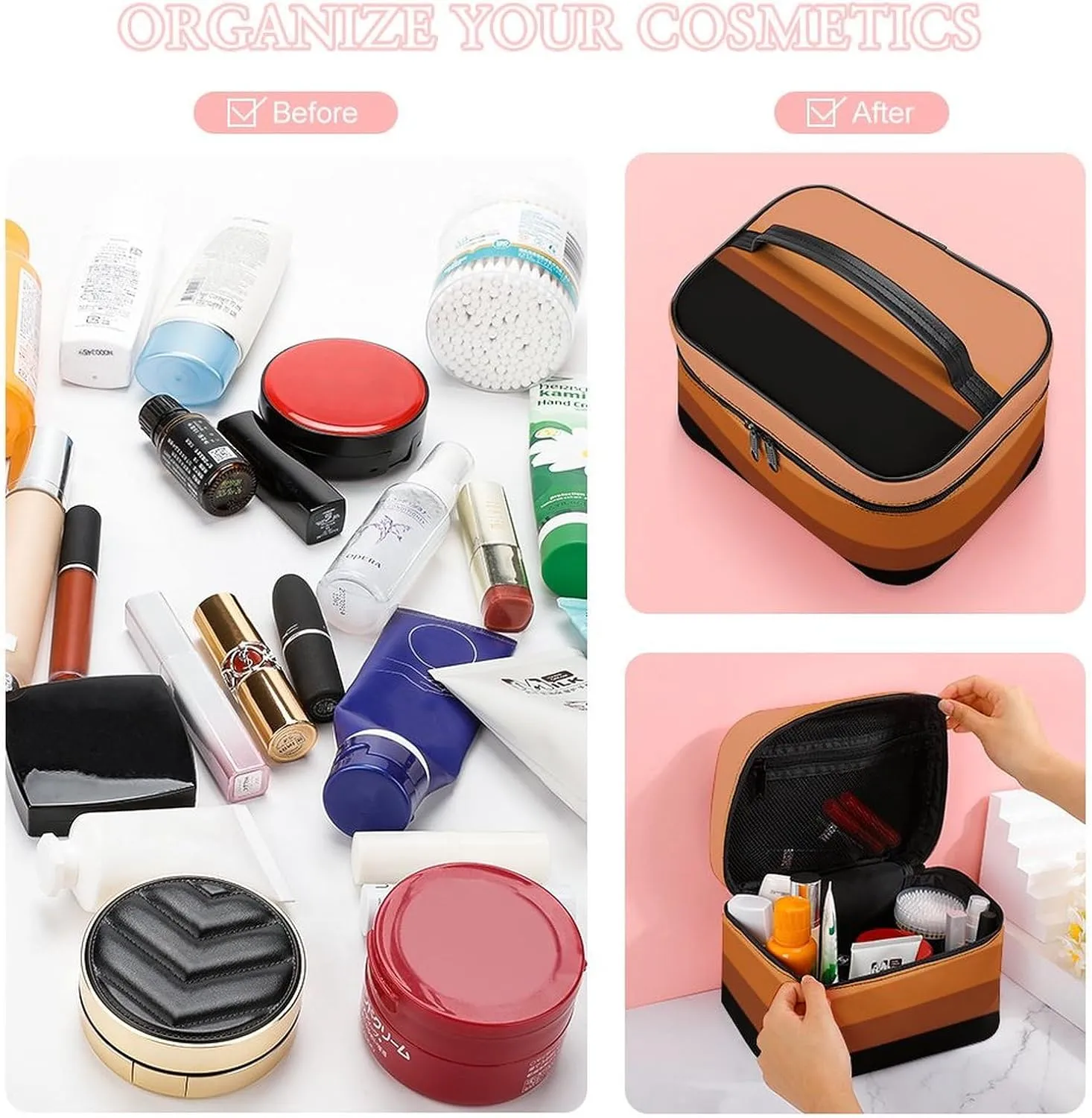 Portable Make Bag, Beige Peach Pink Brown Black Stripes Cosmetic Case Portable Cosmetic Portable Organizer for Men & Women
