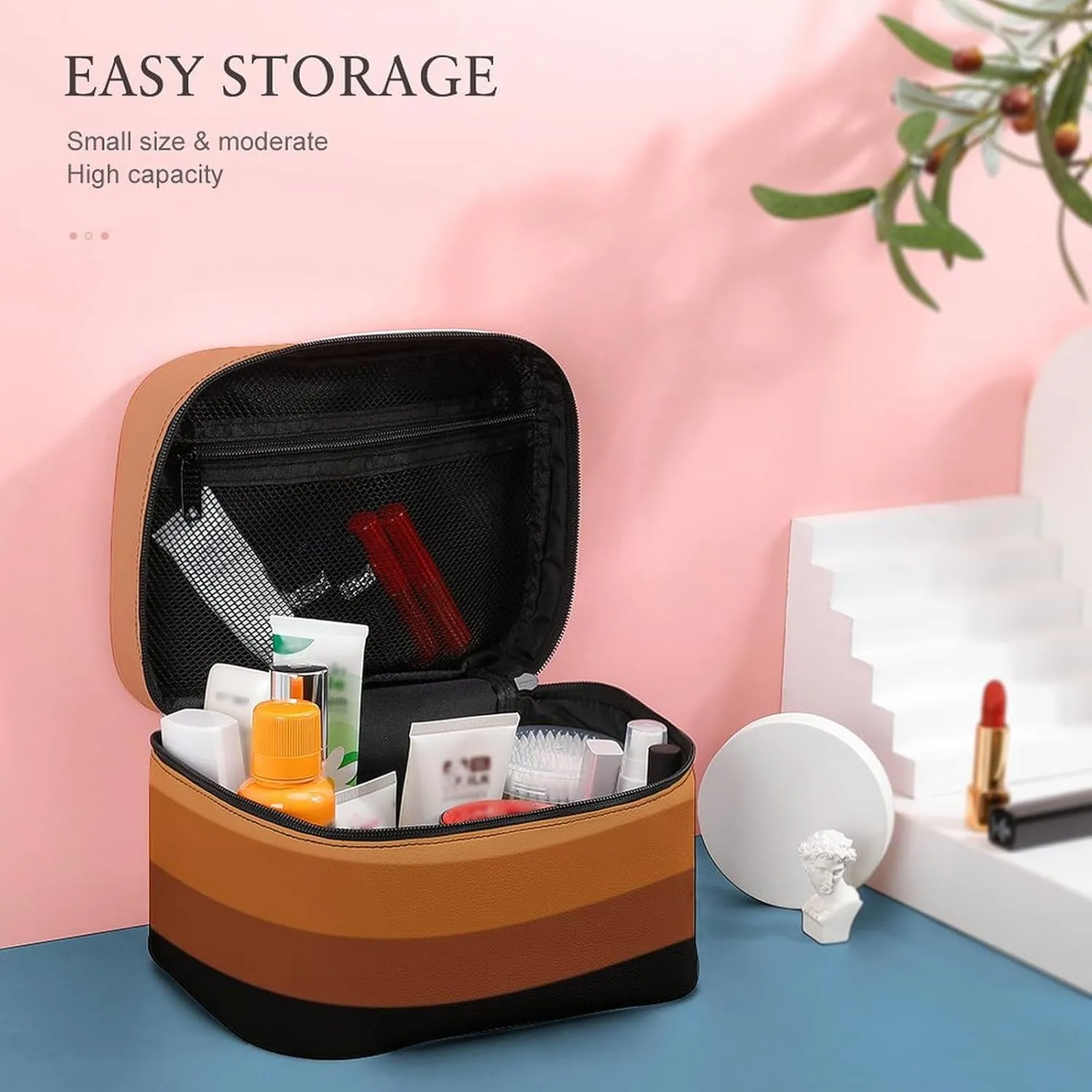 Portable Make Bag, Beige Peach Pink Brown Black Stripes Cosmetic Case Portable Cosmetic Portable Organizer for Men & Women