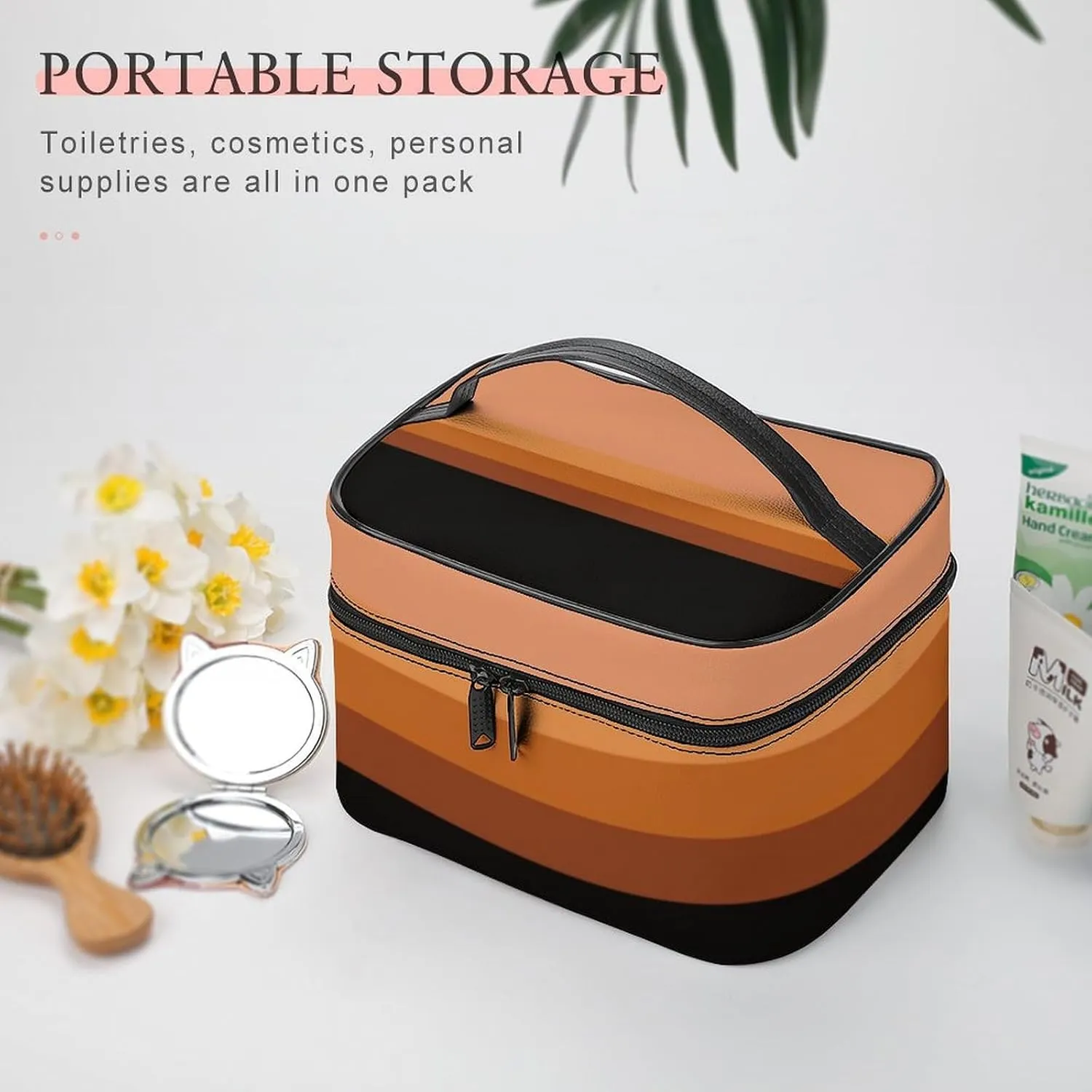 Portable Make Bag, Beige Peach Pink Brown Black Stripes Cosmetic Case Portable Cosmetic Portable Organizer for Men & Women