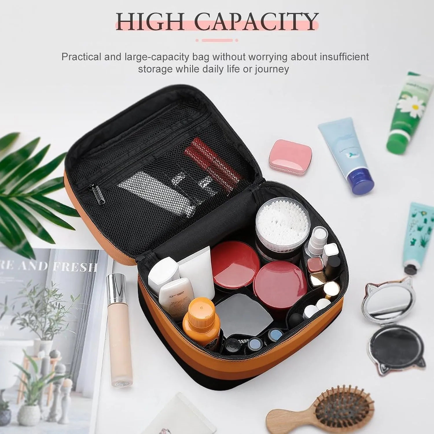 Portable Make Bag, Beige Peach Pink Brown Black Stripes Cosmetic Case Portable Cosmetic Portable Organizer for Men & Women
